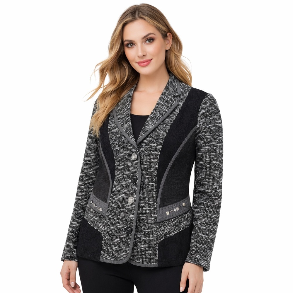 Melanie Lyne NESS Women Jacket XL Black Grey Textured Lace Trim Button Front New